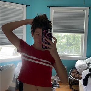 red with 2 white striped cropped T-shirt